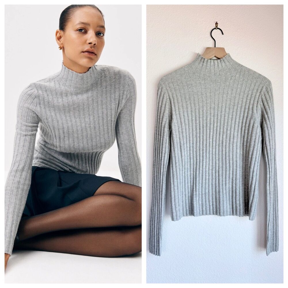 J.Crew NWT Wide-Rib Cashmere Turtleneck Sweater Gray Size Medium CO326 Ribbed